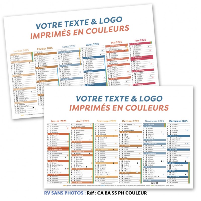 CALENDRIER BANCAIRE SANS PHOTOS TEXTE EN COULEUR